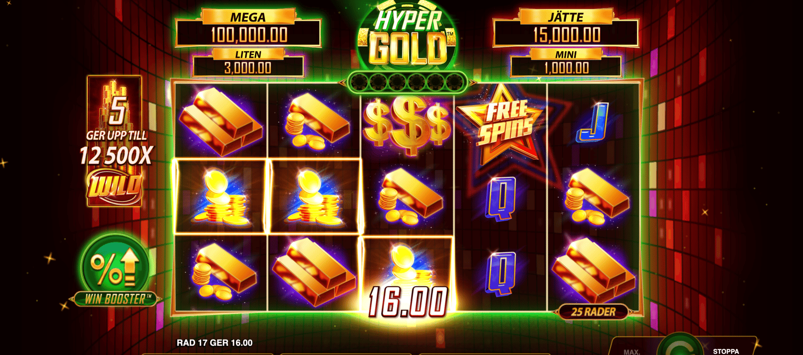 Allmänt spelläge i Hyper Gold, där guldsymboler och myntsymboler syns på hjulen. Bilden visar slotten Hyper Gold spelad med högst RTP.