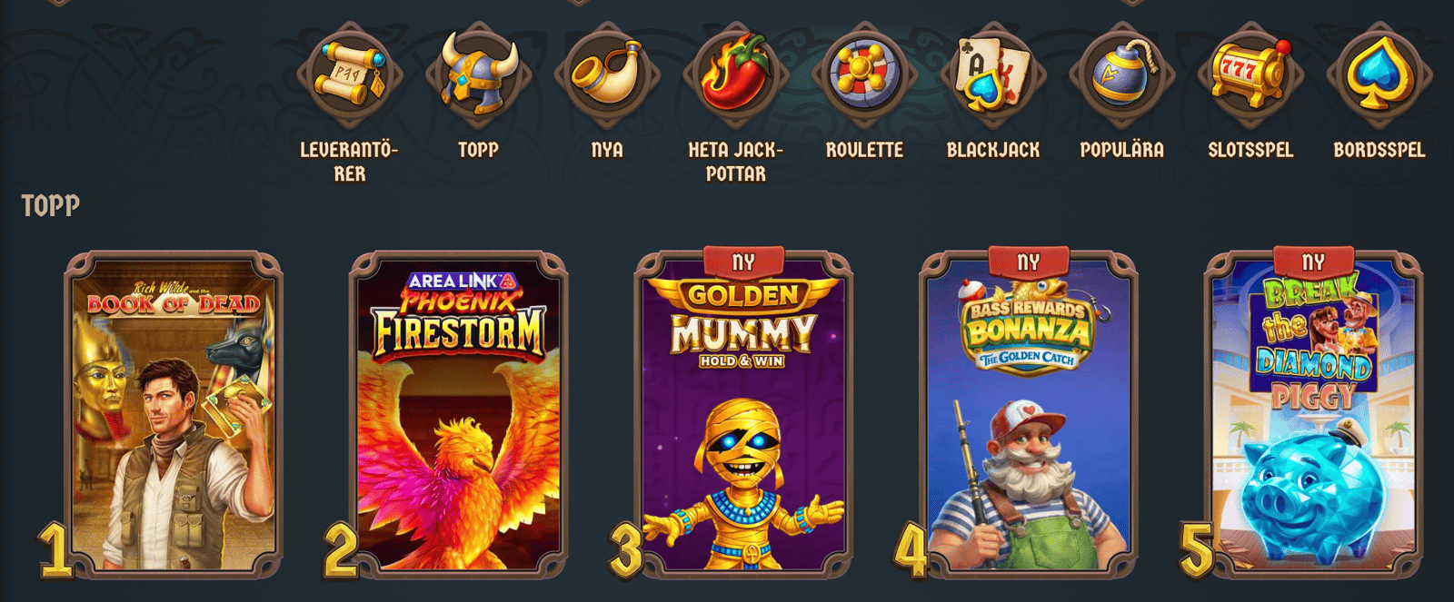 Skärmdump av Lodurs spelkategorier och mest populära slots i lobbyn.