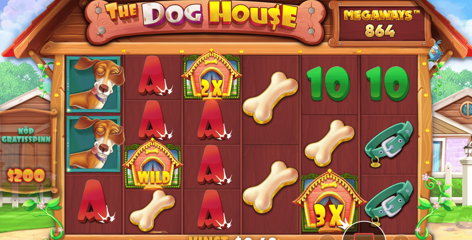 Bilden visar det allmänna spelläget i The Dog House Megaways, hundtemat på hjulen, medan spelet körs med den högsta tillgängliga RTP-inställningen.