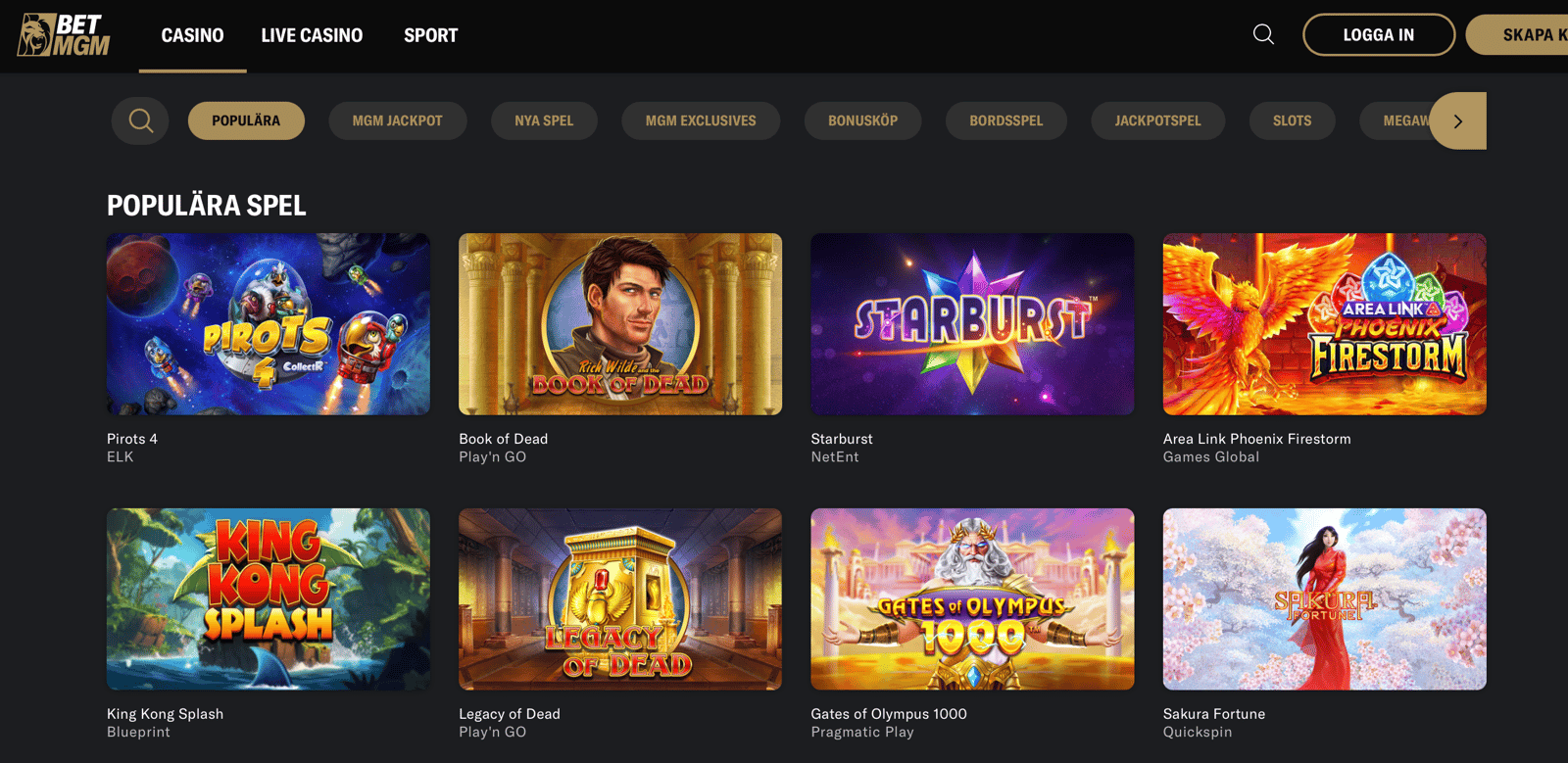 An image of the most popular slots in the betMGM Sweden lobby