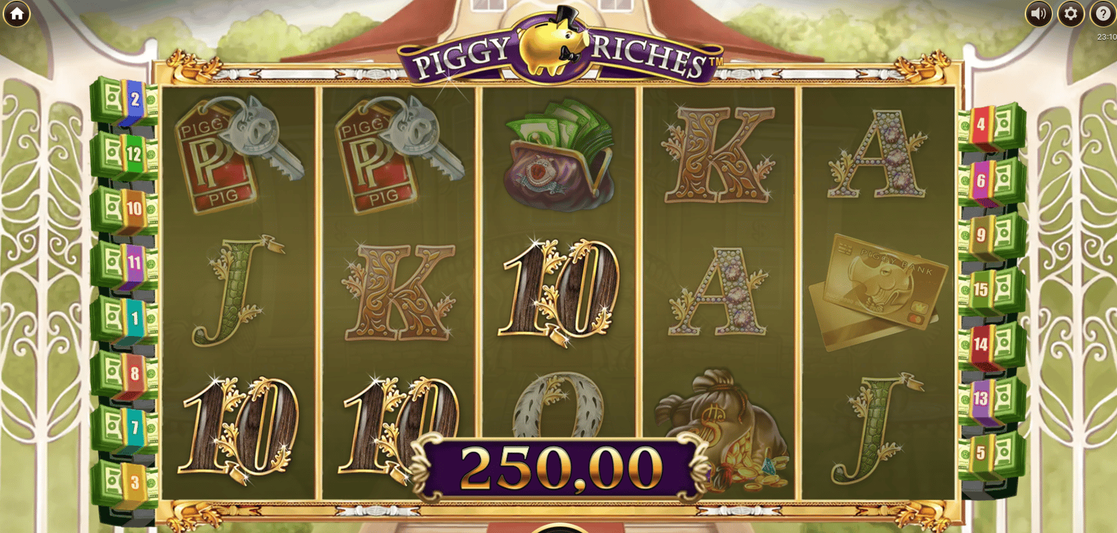 En spelare landar en vinande kombination i Piggy Riches, med Mr Pig-wilden och penningpåsarna synliga på hjulen. Bilden visar sloten spelad med högsta möjliga RTP.