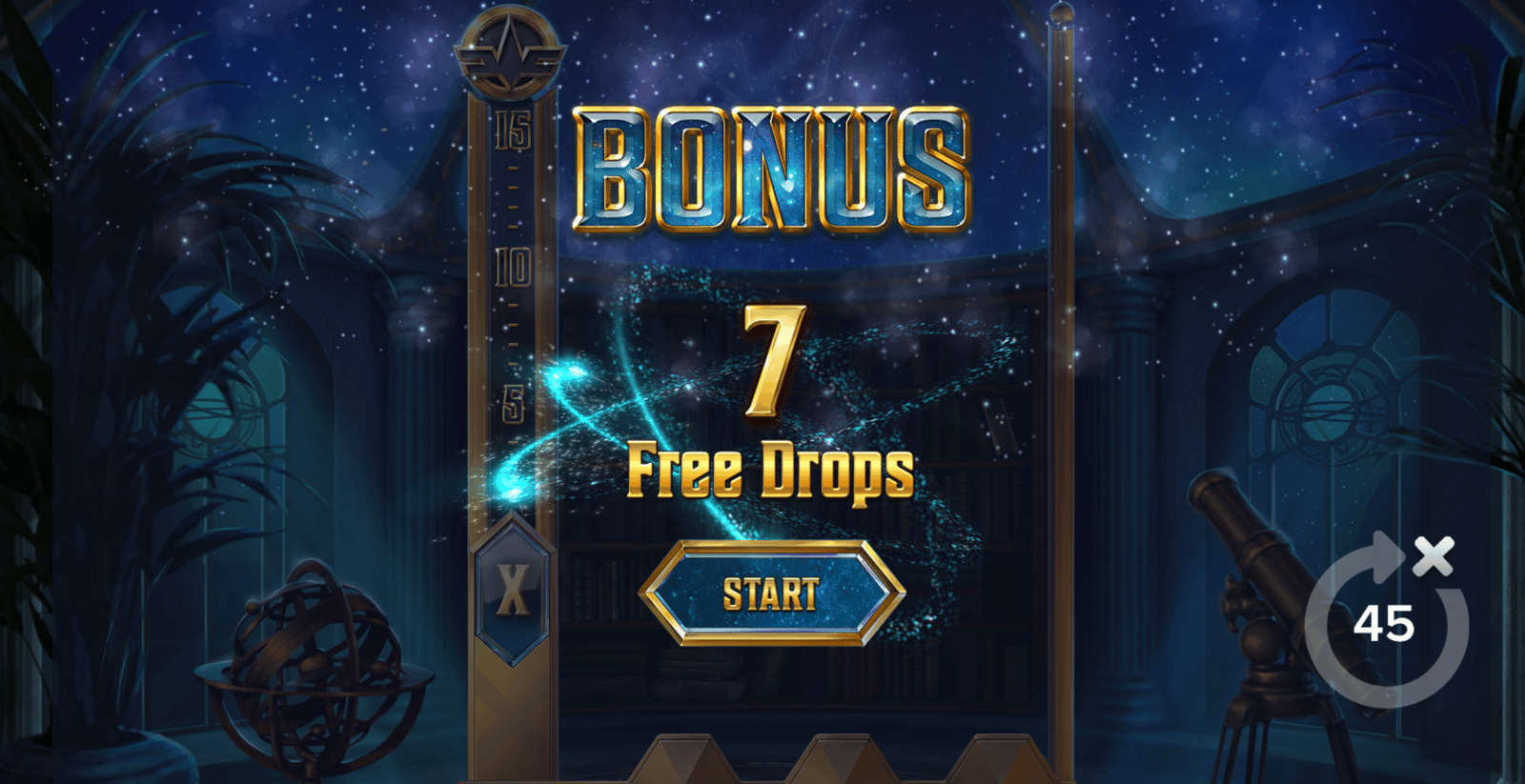Bilden visar hur en spelare precis har vunnit 7 Free Drops i slotten Cygnus 2. Cygnus 2 spelas här med den högsta möjliga RTP-inställningen.