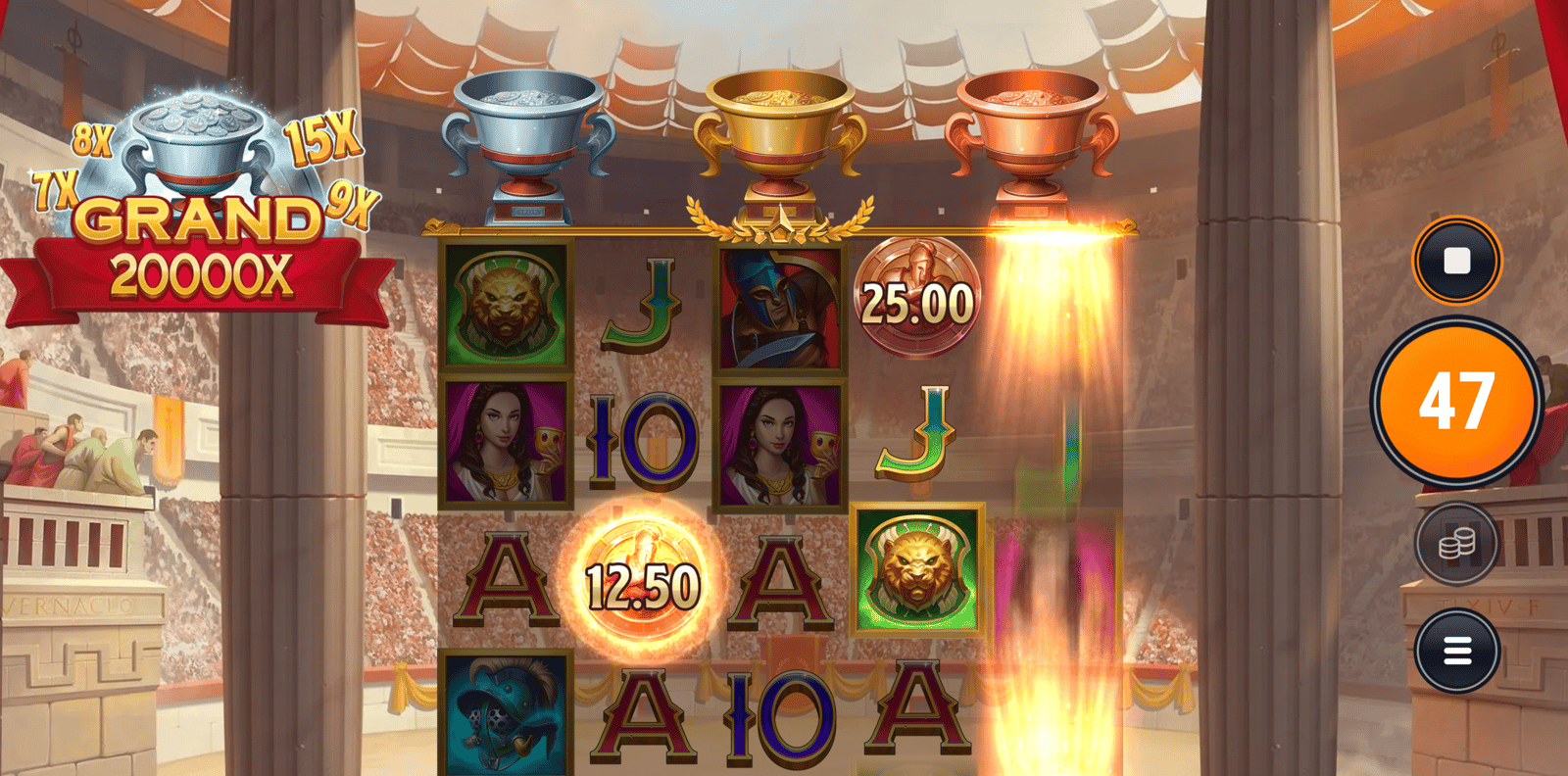 Bilden visar spelvyn i Rome Fight for Gold Deluxe, med romerska gladiatorsymboler och guldmynt på hjulen. Spelas här med högsta möjliga RTP.