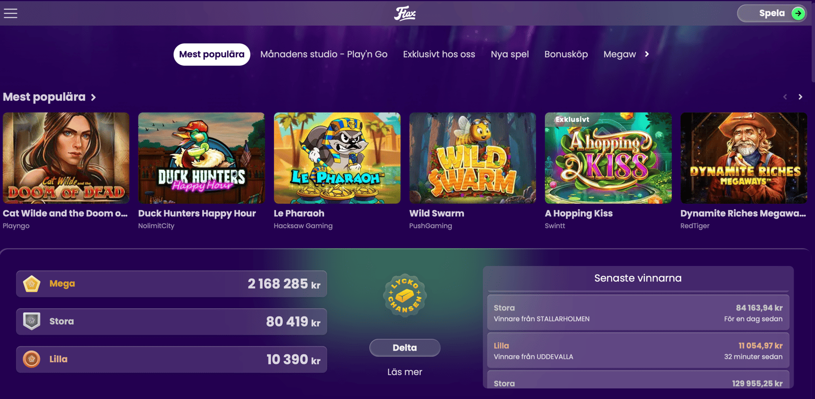 En bild som visar spel, jackpottar och senaste vinsterna på slotsen hos Flax casino