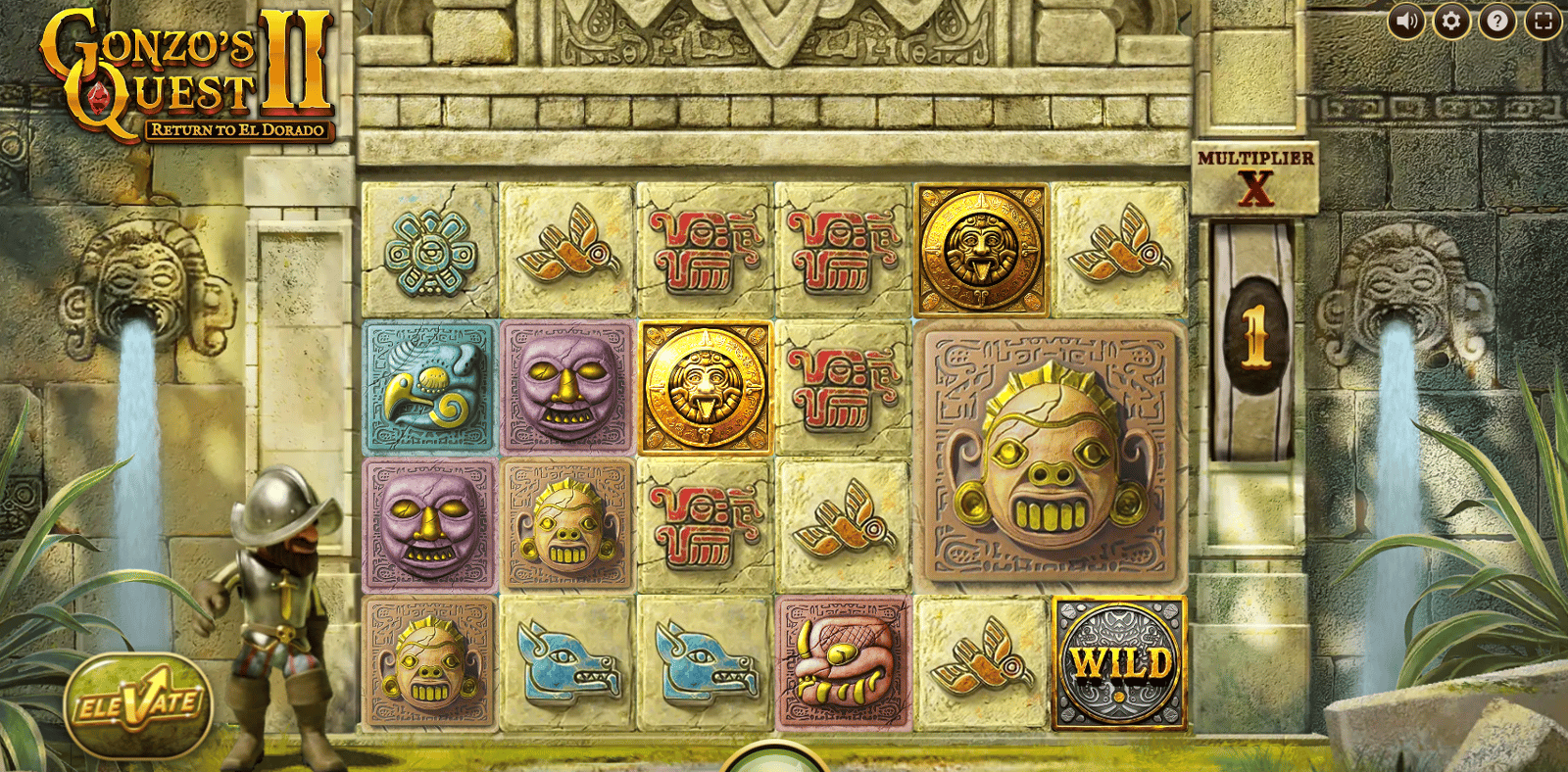 Ett screenshot när vi snurrade på gonzos quest 2 och landade flera olika värdefulla symboler.