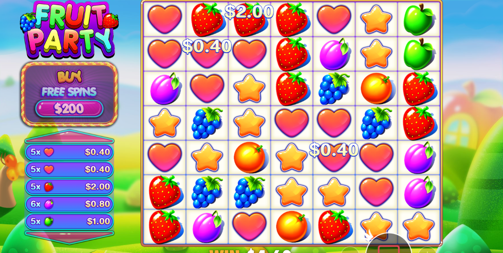 Skärmbild från Fruit Party som visar det gröna spelplanet fyllt med fruktsymboler under ett vinnande spel. Bilden visar Fruit Party spelat på ett casino med högst RTP.
