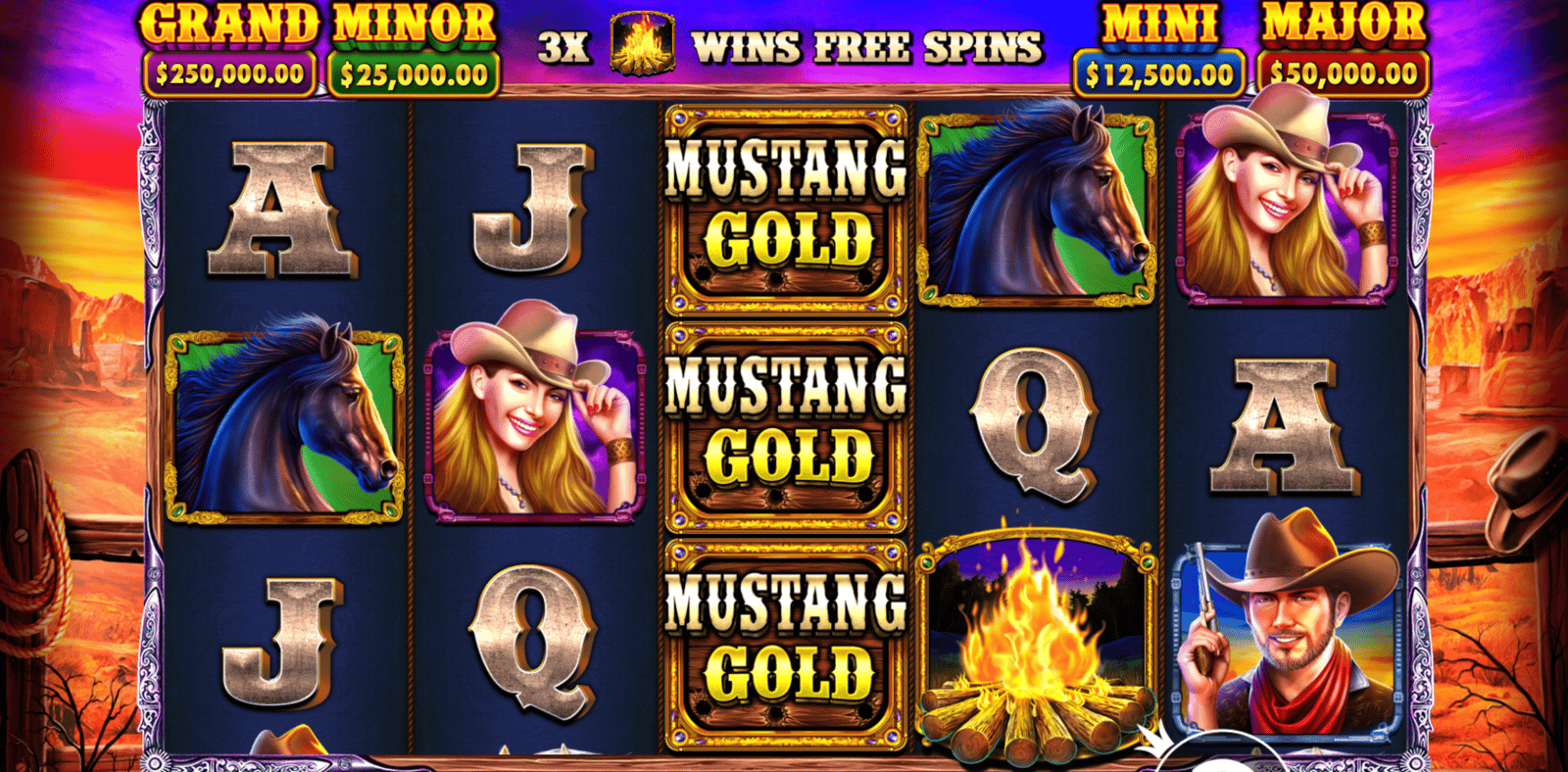Allmänt spelögonblick från Mustang Gold, där hästskosymbolerna syns på hjulen. Bilden visar spelet Mustang Gold som spelas med högst RTP.