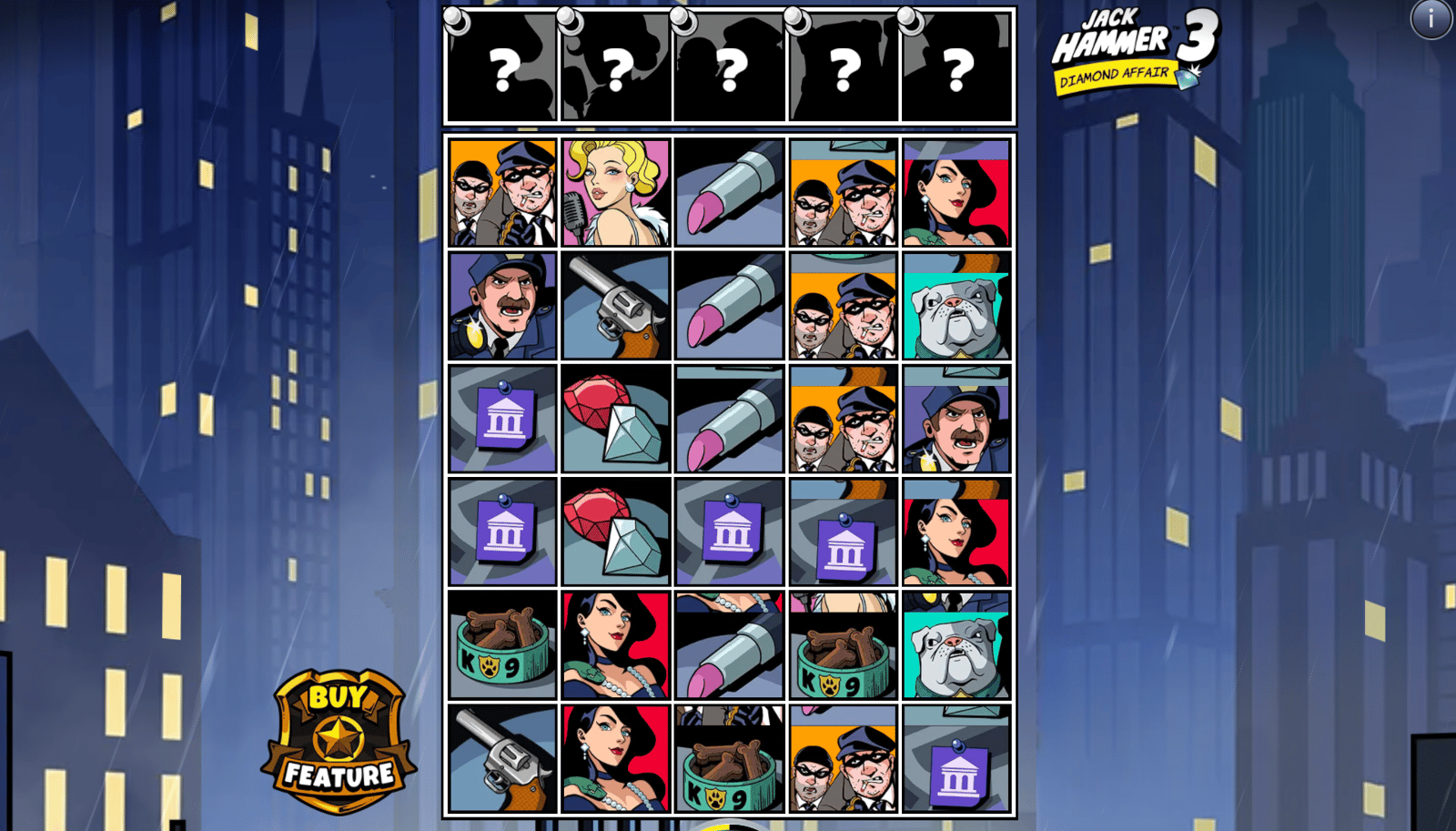Detektiven Jack Hammer i full färd med att snurra hjulen i Jack Hammer 3, här spelat med spelets högsta RTP-inställning.