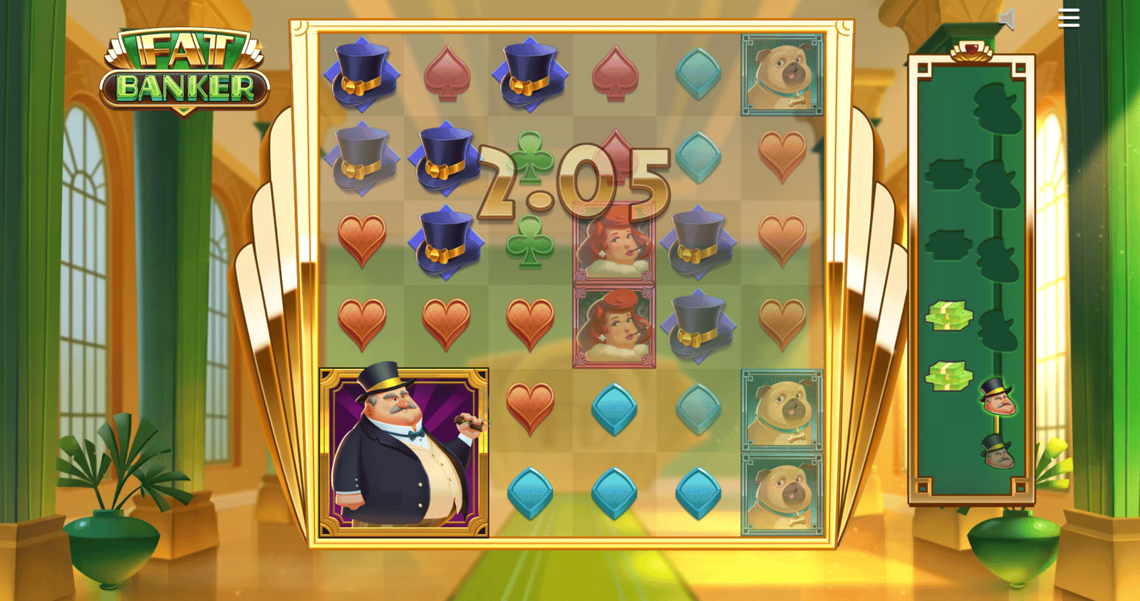 Fat Bankers free spins-runda i full gång, där den växande wild-bankiren samlar in Money Bags. Bilden är tagen medan Fat Banker spelas hos casinot med högst RTP.