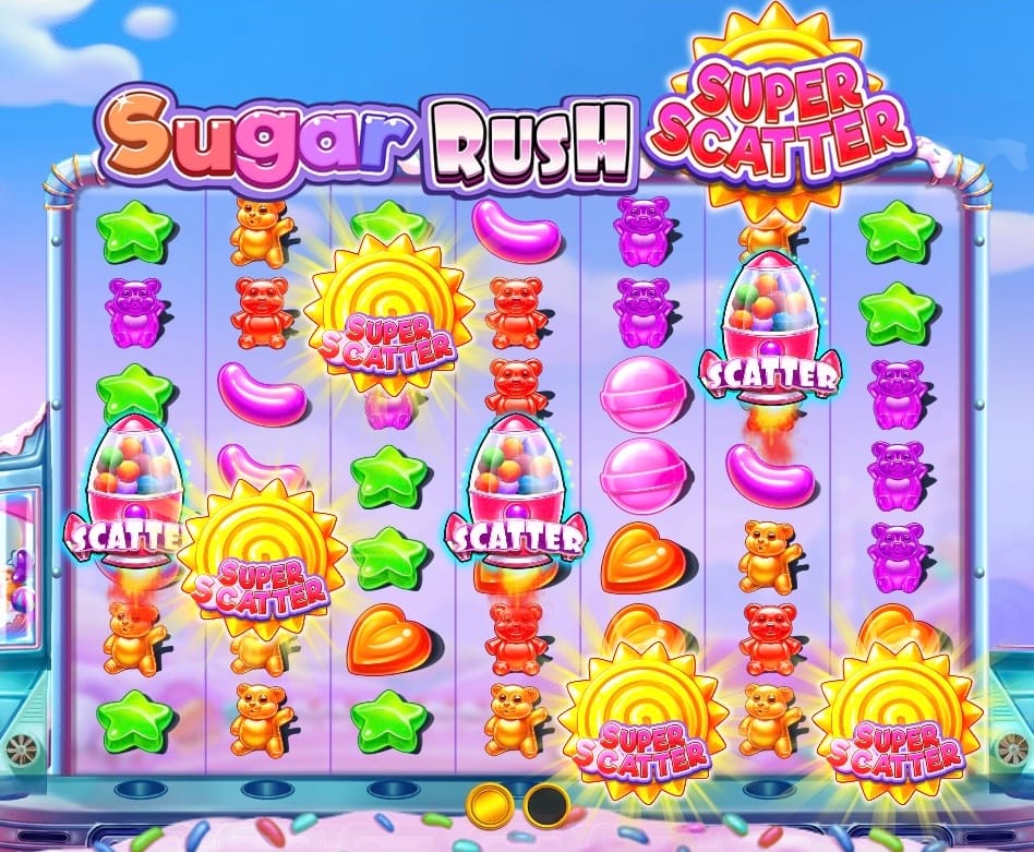 En bild av gameplay i sugar rush super scatter som visar båda typerna av scatter-symboler som finns i spelet.