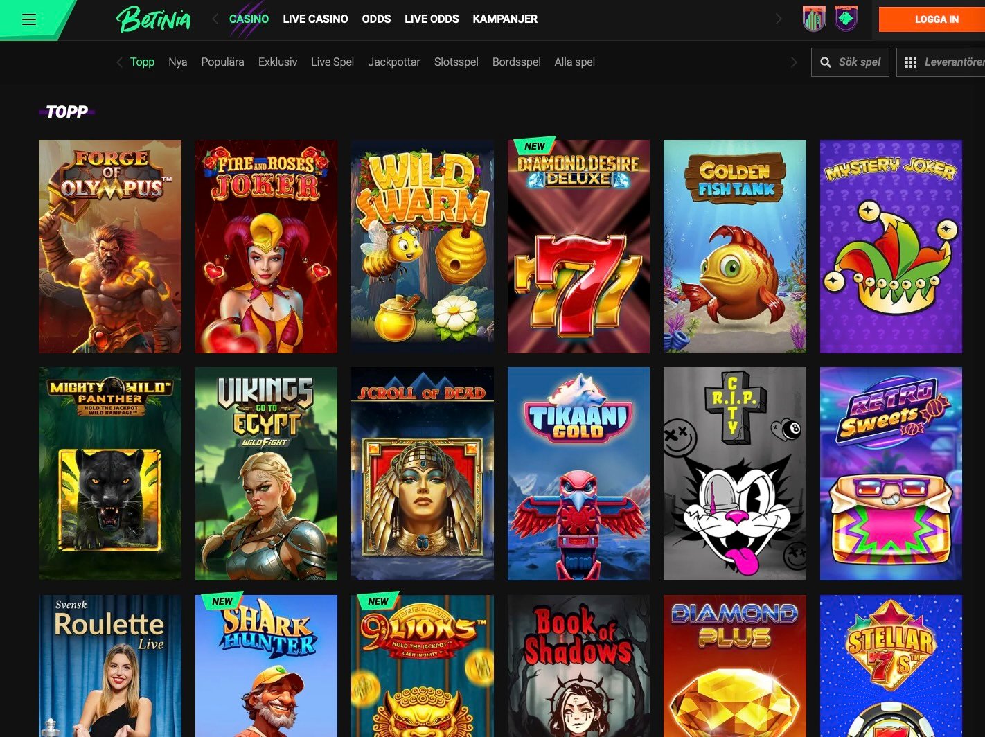 Betinia har ett gediget utbud slots, hyfsat många med bra RTP. Vi gillar att dom har en populär-kategori samt en topp-kategori där man kan hitta nya spel att prova.