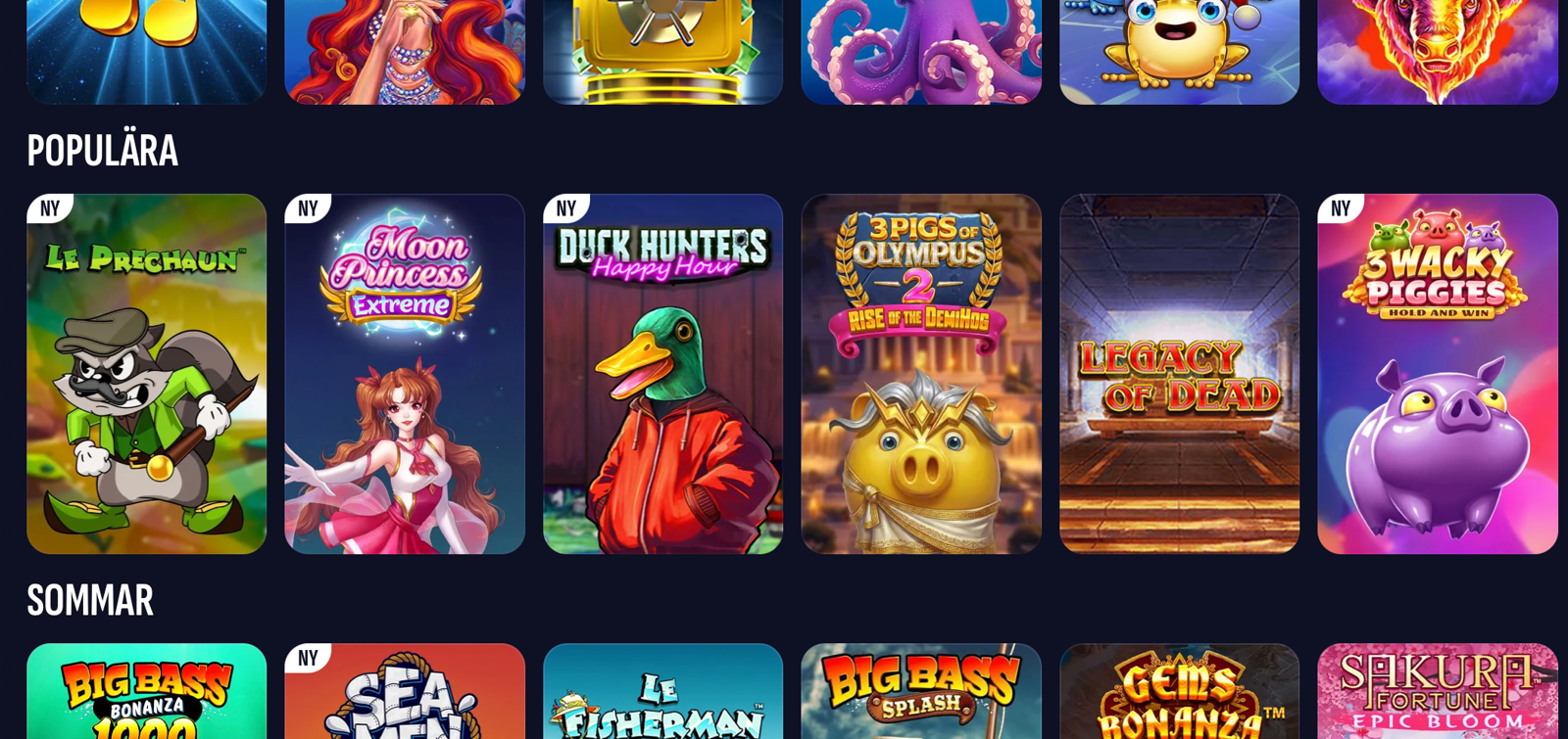 Skärmdump från Swiper Casino som visar en översikt av populära slots i lobbyn.