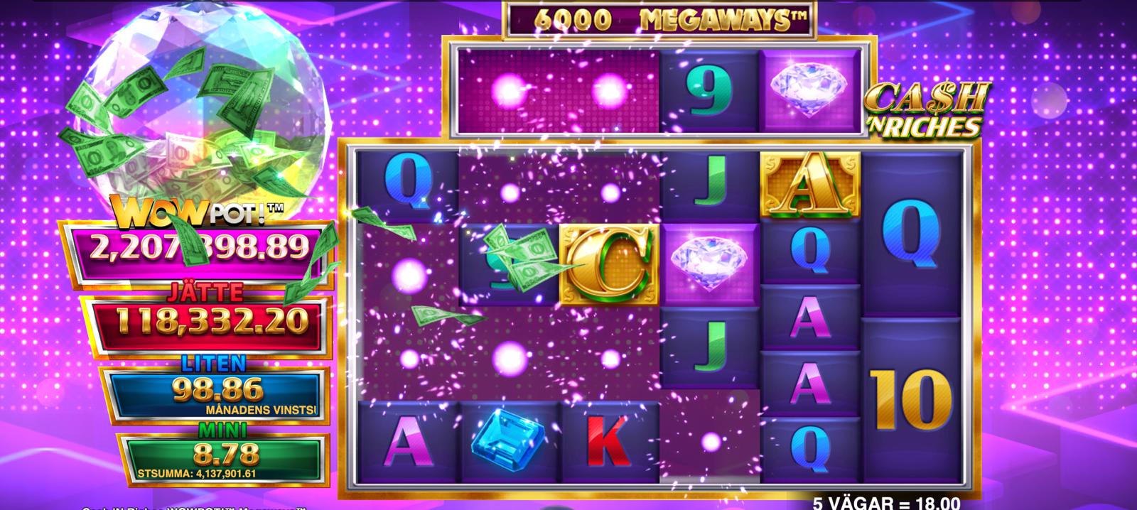 Allmänt spelmoment i Cash n Riches WowPot Megaways, sloten spelas här med högsta möjliga RTP.