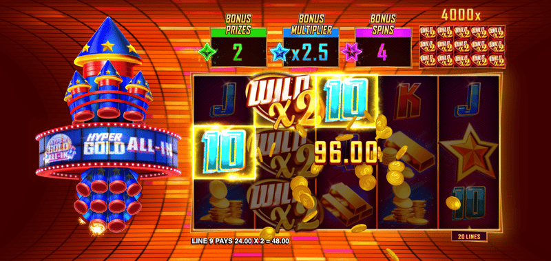 En spelare landar en stor vinst i Hyper Gold All In, här spelad hos ett casino med högst RTP.