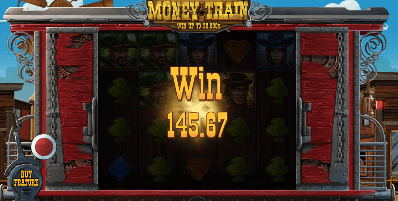 En spelare landar en stor vinst i Money Train från Relax Gaming, här spelad med högsta möjliga RTP.