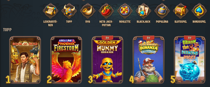 Skärmdump av Lodurs spelkategorier och mest populära slots i lobbyn.