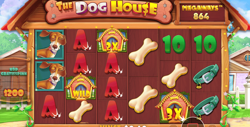 Bilden visar det allmänna spelläget i The Dog House Megaways, hundtemat på hjulen, medan spelet körs med den högsta tillgängliga RTP-inställningen.