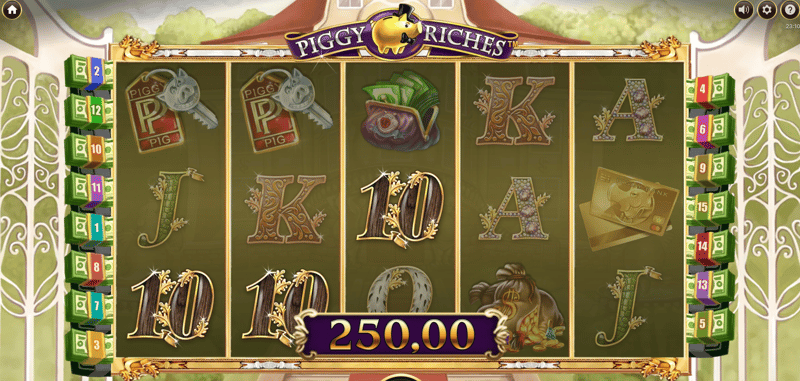 En spelare landar en vinande kombination i Piggy Riches, med Mr Pig-wilden och penningpåsarna synliga på hjulen. Bilden visar sloten spelad med högsta möjliga RTP.