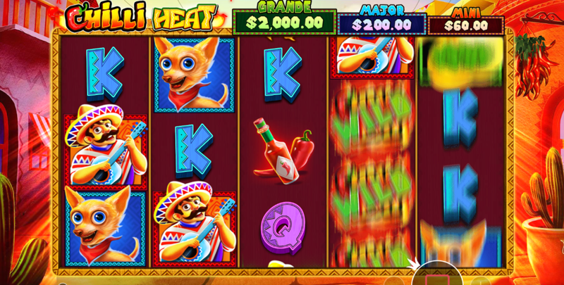 Bilden visar det allmänna spelet i slotten Chilli Heat, med hjulen mitt i en snurr bland mexikanska symboler. Chilli Heat spelas här hos ett casino med högsta möjliga RTP.