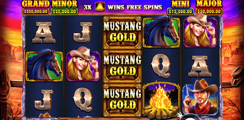 Allmänt spelögonblick från Mustang Gold, där hästskosymbolerna syns på hjulen. Bilden visar spelet Mustang Gold som spelas med högst RTP.