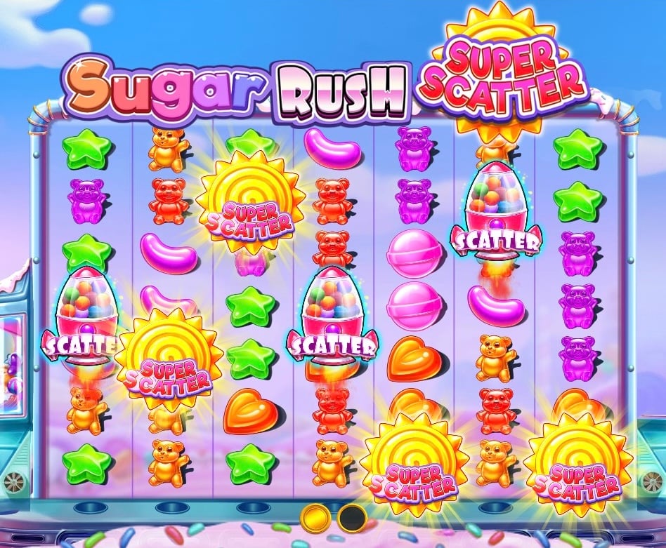 En bild av gameplay i sugar rush super scatter som visar båda typerna av scatter-symboler som finns i spelet.